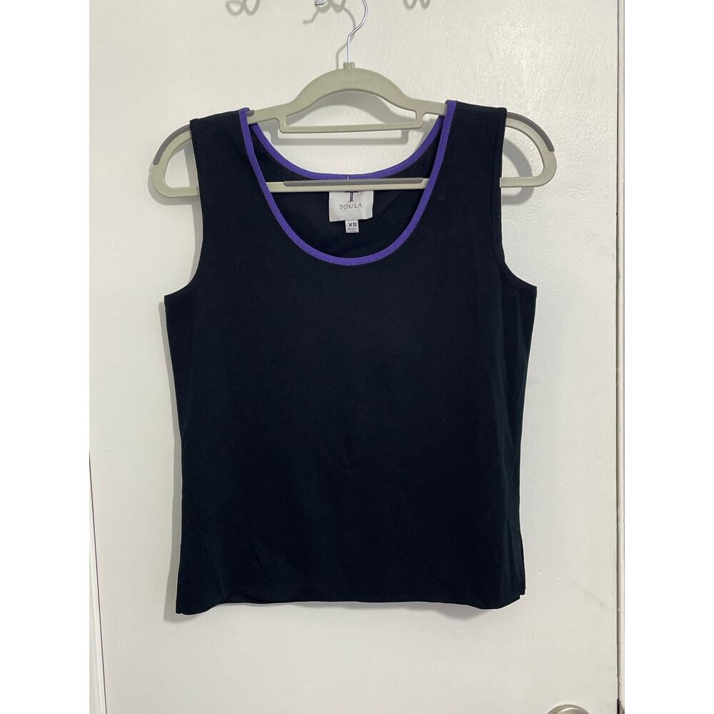 Toula Tank Top XS Black Purple Trim Cropped Preppy Country Club Summer NWT